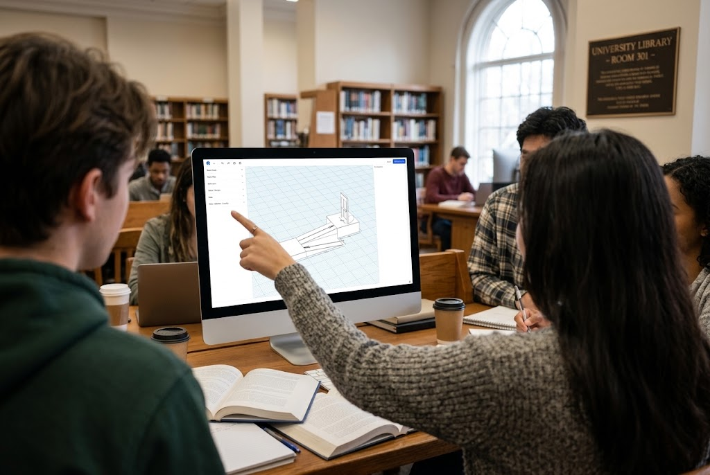 Students reviewing a Moddy plan in a university library